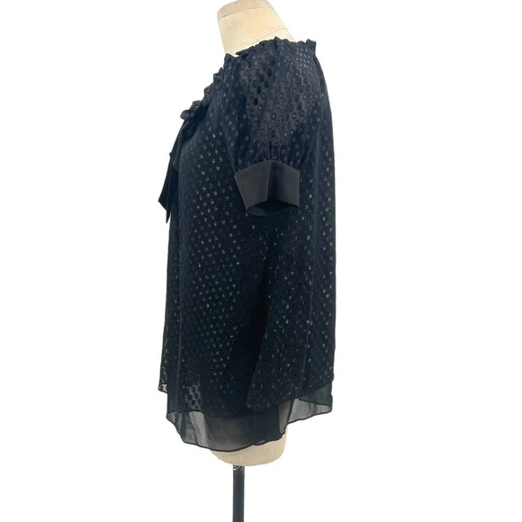Diane von Furstenberg Miki Black Swiss Dot Bow Neck Silk Top Size 4‎ - Picture 4 of 8